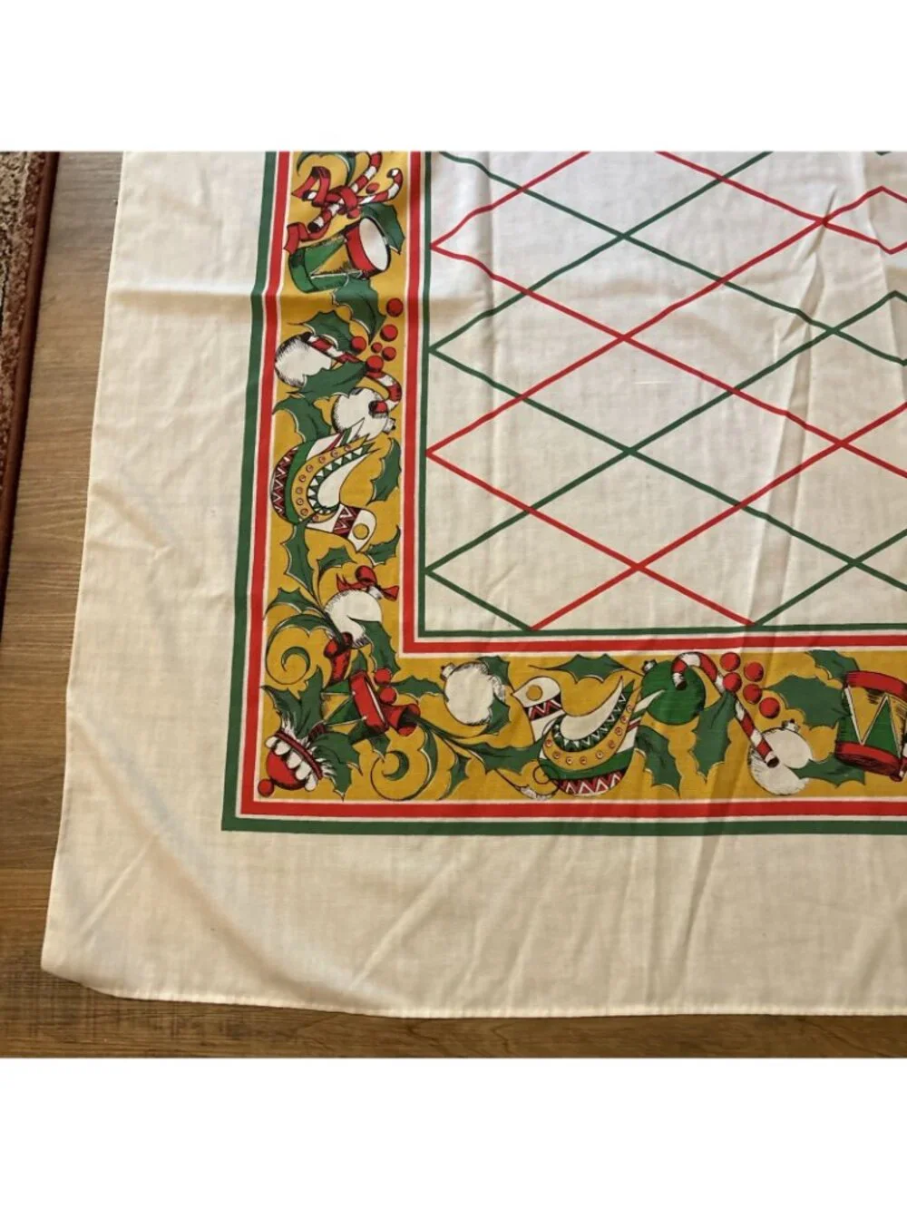 Vintage Large Christmas Tablecloth Red Green & Gold Border Size 81 X 60